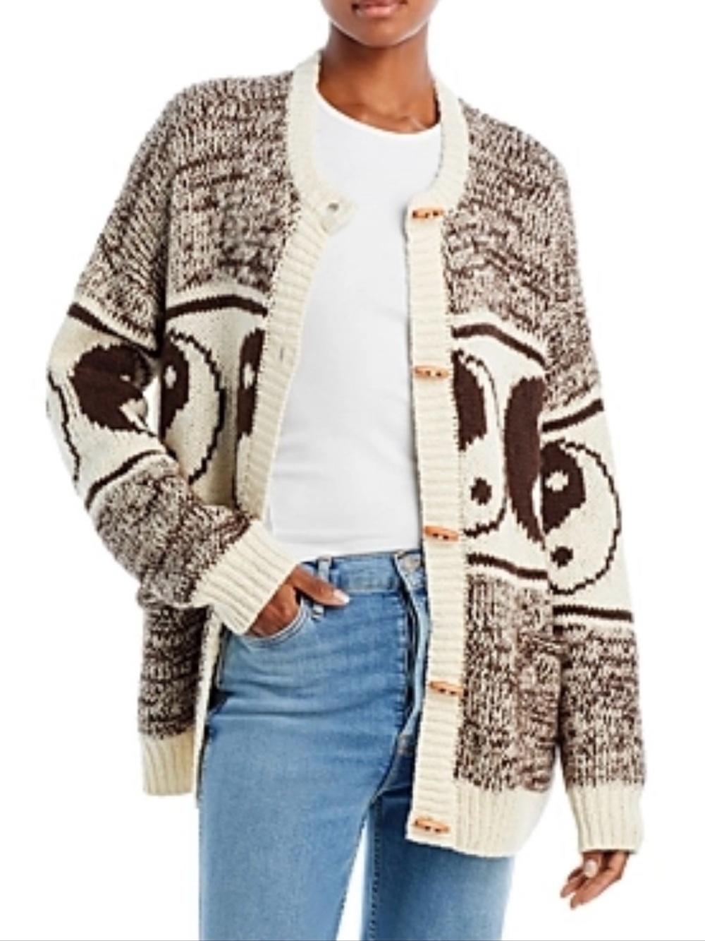 MOTHER Long Drop Cardigan The Good & The Bad Yin Yang M Brown&Cream Cotton Alpac